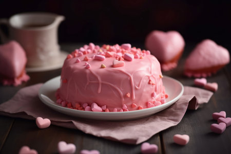 Pink cake valentines day dessert. Rosy heart shapes decorations on tasty confectionary treat. Generate aiの素材