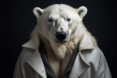 Polar bear dressed portrait. Antarctic furry animal wearing outerwear clothing. Generate aiの素材