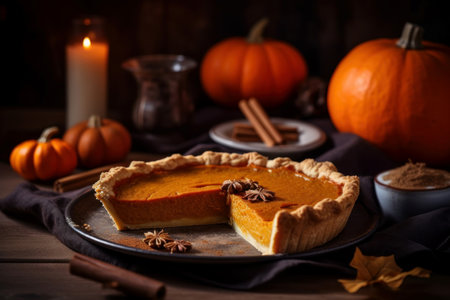 Pumpkin pie with star anise on table. Classic confectionery vegetable crisp tart. Generate aiの素材
