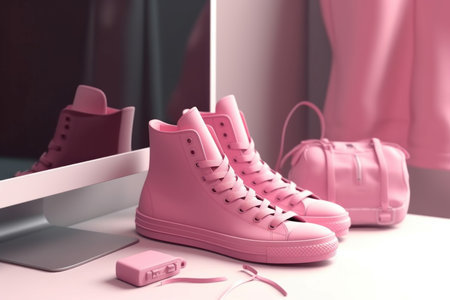 Pink stylish sneakers. Sympathetic and bright interior with colorful shoes and bag. Generate AIの素材