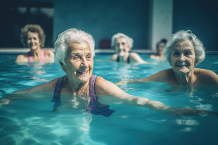 Senior women aqua fitness group. Pool rehabilitation stretching movement sport for retired people. Generate aiの素材