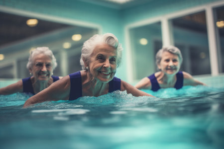 Senior women aqua fit. Retired elderly people pool aerobics training. Generate aiの素材