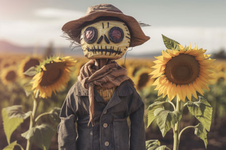 Scarecrow figure standing in sunflower summer field. Agricultural farming harvest stuffed guardian. Generate aiの素材