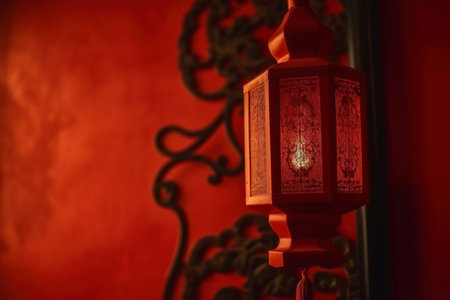 Red chinese lantern. Vintage and aesthetically lamp with different ornaments. Generate AIの素材