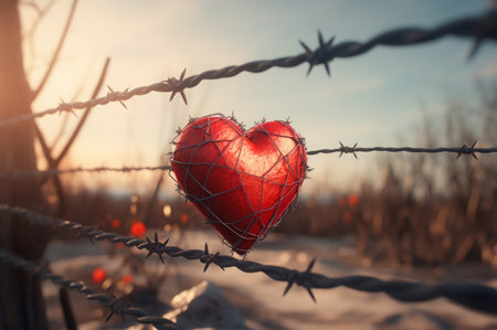 Red heart stuck in barbed wire. Emotional love trapped captivity heart shape. Generate aiの素材