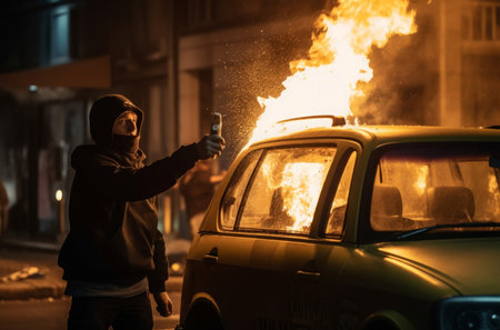Rioter molotov cocktail police. Mature person with black clothes ignites car. Generate AIの素材