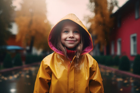 Smiling little girl wearing autumn waterproof raincoat. Happy adolescent girl in outerwear jacket outdoor portrait. Generate aiの素材