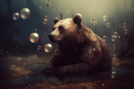 Surreal bear surrounded with soap balls. Forest wildlife grizzly bear cute posture. Generate aiの素材