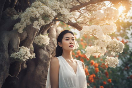 Thai lady standing under blossom tree. Beautiful woman in white dress in blooming spring garden. Generate aiの素材