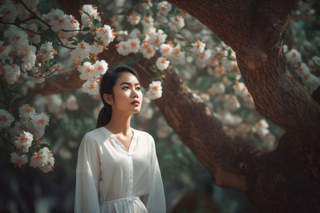 Thai lady standing in spring cherry garden. Female model posing in blossom botanical orchard. Generate aiの素材