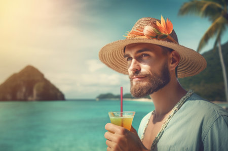 Tourist guy with hat on tropical vacation. Young bearded man relaxing on exotic ocean beach. Generate aiの素材