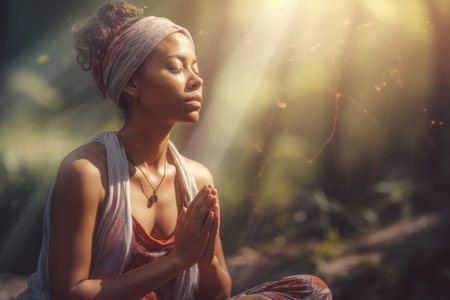 Tranquil person practicing yoga. Beautiful and concentrated woman with cozy clothes. Generate AIの素材