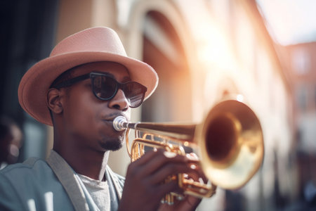 Trumpet man with trumpet instrument. Handsome male musician playing trumpet on street. Generate aiの素材