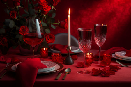 Valentines day decorated table date. Romance love celebration surprise with red roses. Generate aiの素材