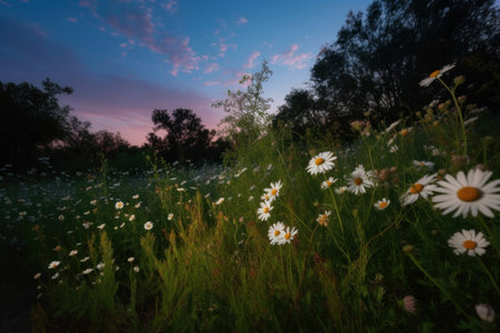 Wildflower field with evening majestic sky. Spring natural scenic view with sunset light. Generate aiの素材