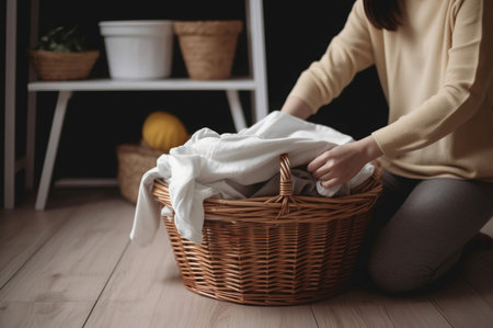 Woman folding laundry basket. Female with dirty clothes in storage container. Generate aiの素材
