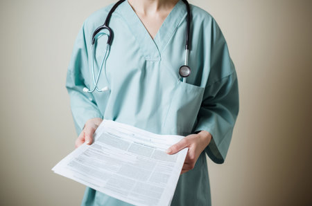 Hospital woman holds diagnosis report. Female medical worker with healthcare form. Generate aiの素材