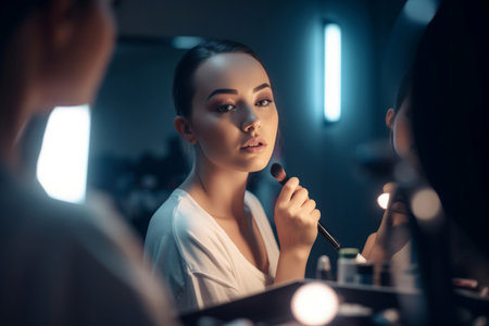 Woman makeup mirror. Beautiful lady reflection applying cosmetic products. Generate aiの素材