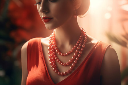 Woman in red dress with pearl necklace. Elegant pretty woman luxury evening outfit. Generate aiの素材