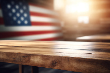 Wood table with American flag background. Independence national celebration labor day. Generate aiの素材