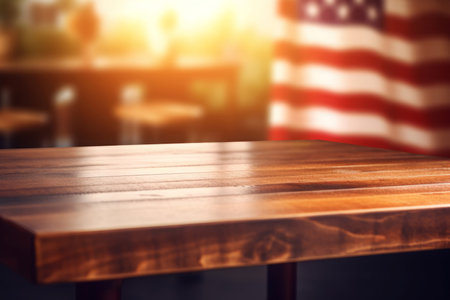 Bright wooden table with American flag. Tabletop with national striped country symbol. Generate aiの素材
