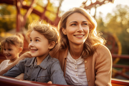 Happy family riding rollercoaster. Outdoor leisure entertainment ride activity. Generate aiの素材