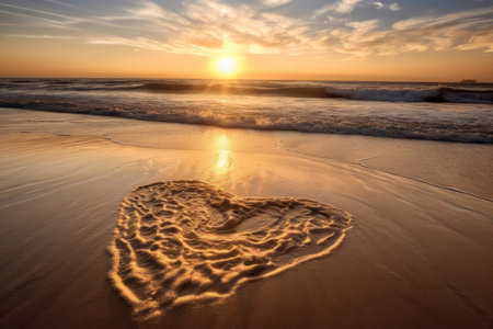 Heart shape waves on seashore beach. Romance summer holiday symbol on sandy surface. Generate aiの素材