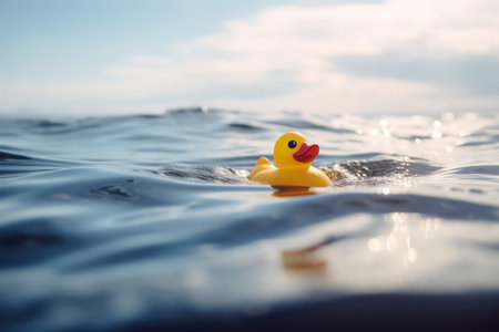 Rubber duck floating in the sea. Yellow plastic bird toy swimming in marine water. Generate aiの素材