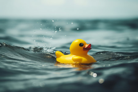 Rubber yellow duck in the sea. Artificial synthetic bird toy floating on marine water. Generate aiの素材