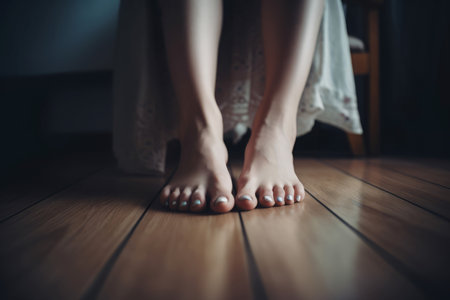 Pair feet painted nails perfect. Young two legs standing wooden and brown floor. Generate AIの素材