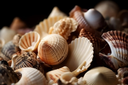 Seashells ocean closeup photo studio. Marine spiral snail travel art. Generate Aiの素材