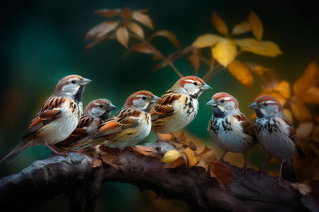Sparrows on tree branch vibrant photo. Wood fauna forest nature. Generate Aiの素材