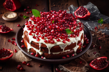 Sponge cake pomegranates. Tasty red sugar home dessert. Generate Aiの素材