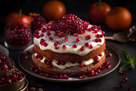 Sponge cake pomegranates on kitchen table. Cream table sweet home dessert. Generate Aiの素材