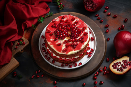 Sponge cake pomegranates studio photo. Decoration pastry cream sweet dessert. Generate Aiの素材
