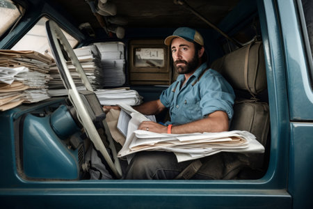 Sad employee car. Unhappy and focused person with beard and blue cap. Generate AIの素材