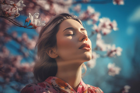 Beautiful woman scent of spring. Sunny portrait of lady in blossom garden. Generate aiの素材