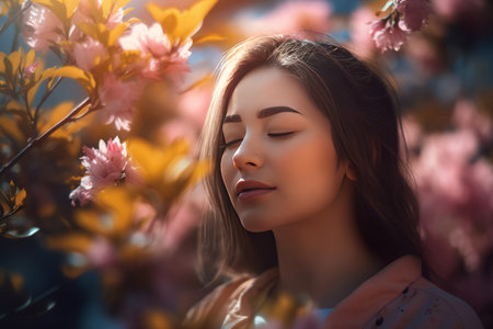 Beautiful woman scent of blossom garden spring. Sunny portrait of lady in nature fragrant orchard. Generate aiの素材