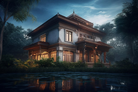 Dream house Indian design structure. Spacious multiple levels mansion estate. Generate aiの素材