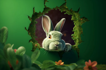 Bunny peaking out green hole. Verdant gap with cute white rabbit. Generate aiの素材