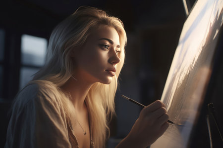 Attractive blond woman painting. Adorable and professional lady draws paper. Generate AIの素材