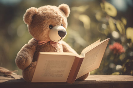 Soft teddy bear reading a novel. Cuddly plush animal reader scholarly literature. Generate aiの素材