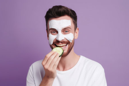 Happy smiling man with facial mask. Male skincare routine with cucumber ingredient. Generate aiの素材
