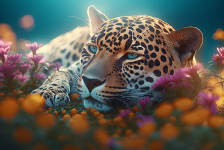 Cute spotted cheetah animal. Lovable feline cat laying on blossom flowers. Generate aiの素材
