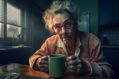Exhausted tired elderly female teacher. Depressed woman school worker with cup of coffee. Generate aiの素材