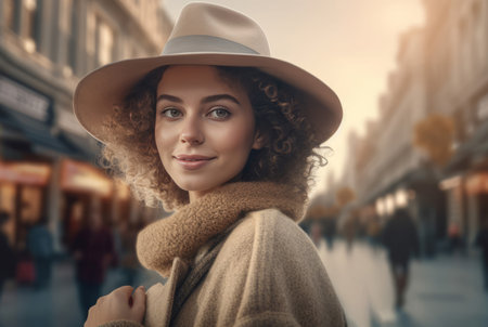 Fashionable young curly woman with hat posing on urban street. Feminine fashion modeling headwear and outerwear. Generate aiの素材