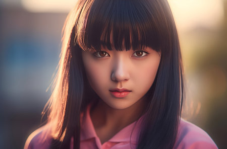 Asian young girl with bang and long black hair. Pretty lady portrait with expressive facial features. Generate aiの素材