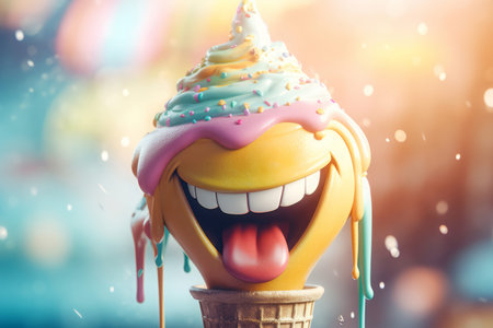 Ice cream cone smiling colorful dessert. Baby character face art love funny. Generate Aiの素材