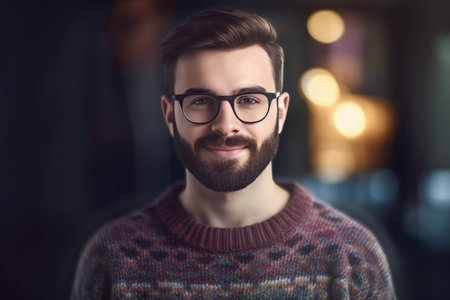 Bearded handsome man in sweater wearing glasses. Smiling young guy casual outfit portrait. Generate aiの素材