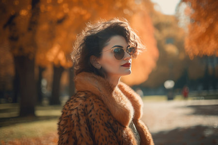 Italian woman in fur coat autumnal park. Fashionable lady with sunglasses walking outdoor. Generate aiの素材